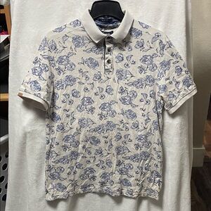 Chevignon Floral Print Polo Shirt - Blue and White Slim Fit 3 Buttons Size M